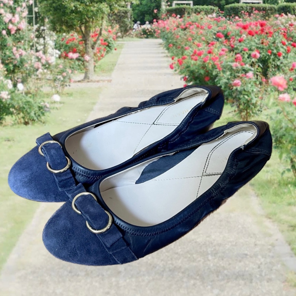 Cole Haan Elegant Navy Blue Suede Elastic Ballet Flats